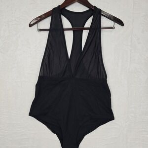 L * SPACE One Piece Swimsuit Women's Size 8 Deep V-neck Sheer Mesh‎ Black NWOT